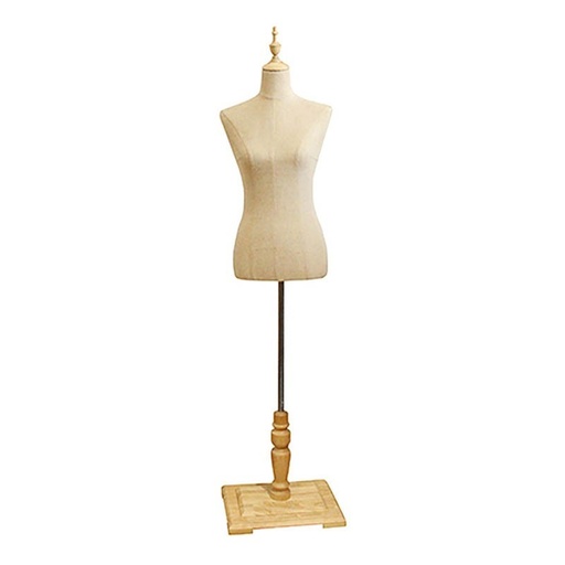 [040899] Buste de Femme en Lin Jaune avec Coupe et Socle Rectangulaire en Bois Clair