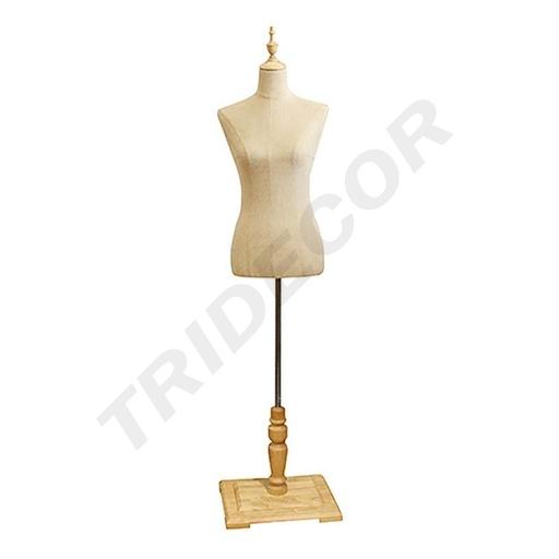 [040899] Buste de Femme en Lin Jaune avec Coupe et Socle Rectangulaire en Bois Clair