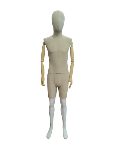 [040925] Maniquí De Hombre En Lino Beige Con Brazos Articuladas Y Base De Madera Clara