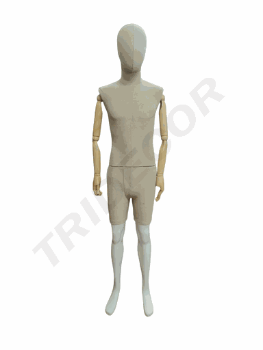 [040925] Maniquí De Hombre En Lino Beige Con Brazos Articuladas Y Base De Madera Clara