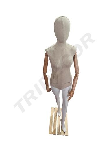 [041095] Woman Mannequin In Fabric With Articulated Arms And Light Wood Base