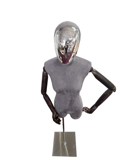 [041254] Gray Linen Woman Bust with Silver Head