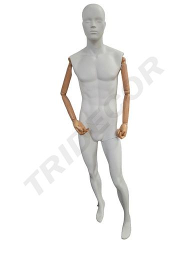 [041281] Maniquí Hombre Pie Adelantado Blanco Mate Brazo Claro Base Acero Inox