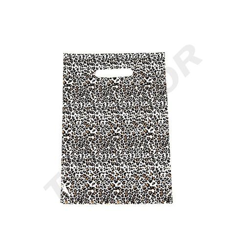 [010142] Sacchetti di plastica con stampa leopardata e manico ritagliato 25X35cm 100 unità