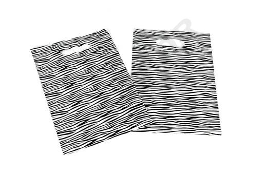 [010077] Bolsa de plástico estampado cebra con asa troquelada de 25x35cm 100 unidades