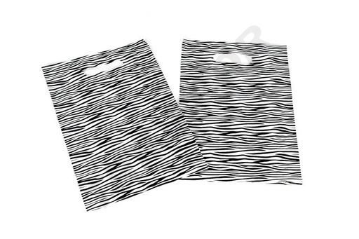 [010077] Borsa di plastica a stampa zebra con manico fustellato 25x35cm 100 unità