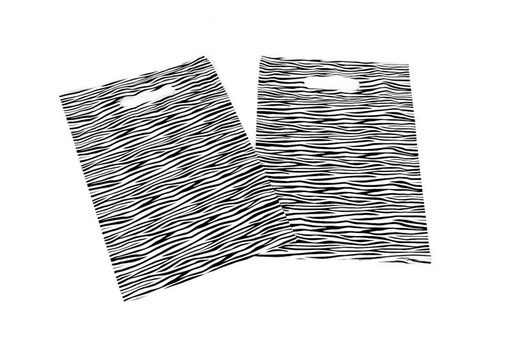 [010077] Borsa di plastica a stampa zebra con manico fustellato 25x35cm 100 unità