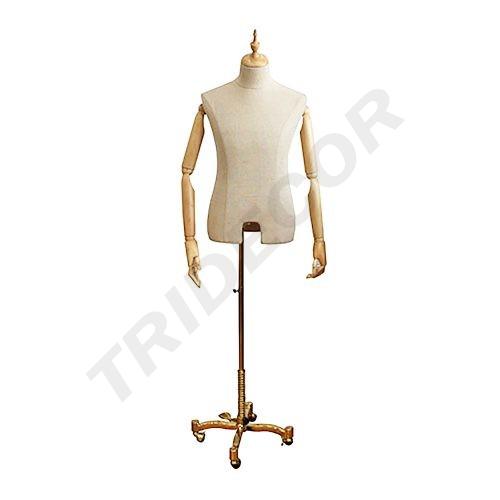 [040903] Busto de un Hombre en Lino Amarillo con Copa de Madera Clara y Brazos y Base Metálica Dorada con Ruedas