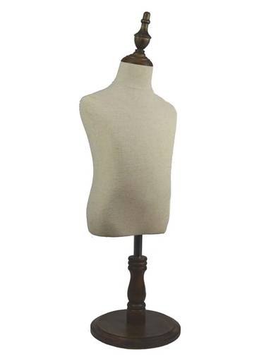 [040378] Linen bust of a child without head and arms with cup and round dark wood base