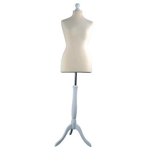 [040329] Busto di donna in tessuto beige con coppa in legno bianco e piede 'T' 42