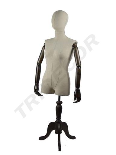 [040383] Bust of a Woman in Linen with Articulated Head and Arms with Dark Wooden Stand