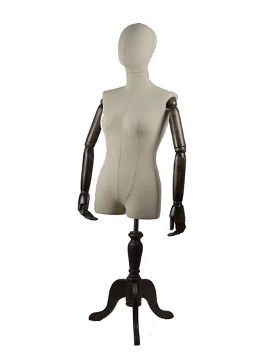 [040383] Busto di donna in lino con testa e braccia articolate su base in legno scuro