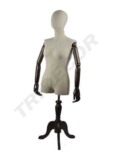 [040383] Busto di donna in lino con testa e braccia articolate su supporto in legno scuro