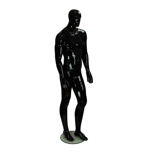 [040322] Glossy Black Lacquered Male Mannequin with Features and Bent Knee