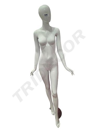 [040830] 全身女站模亮光 Maniquí de Mujer Fibra de Vídrio Blanco Brillo Pestaña Azul Pierna Adelantada