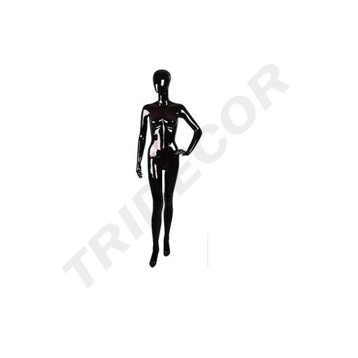 [040779] Manequim feminino preto brilhante sem características com mão na anca