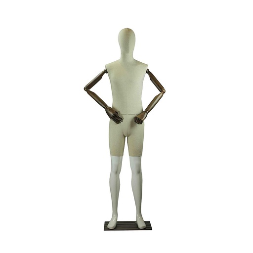 [040876] Maniquí En Tela Y Blanco Brillante Con Brazos Articulados Y Base Oscura