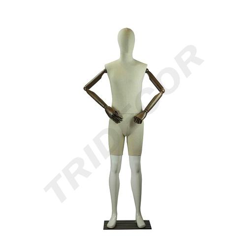 [040876] Mannequin in Fabric and Glossy White with Articulated Arms and Dark Base