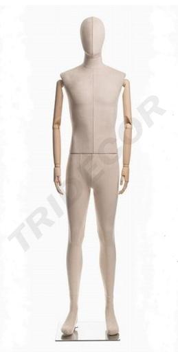 [041441] 全身包布男模特带原木色手臂不锈钢底座 Maniquí de Hombre En Tela Beige Claro Con Brazos Claros y Base Acero Inox