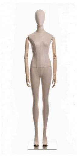 [041440] 全身包布女模特带原木手臂不锈钢底座 Maniquí de Mujer Con Tela Beige Clara Brazo Madera Clara Base Acero Inox