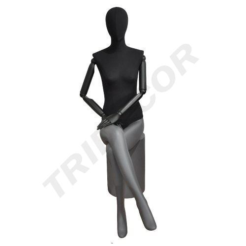 [040885] Seated Woman Mannequin in Black Fabric and Matte Gray Fiberglass