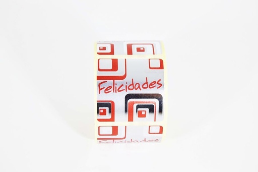[014473] Etiquetas Adhesivas Felicidades Plata-Rojo 250 Pegatinas
