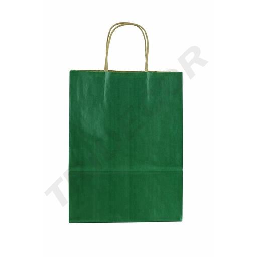 [010007] Sac de hârtie Kraft cu mâner ondulat, culoare verde, 27X22X10 cm, 25 de unități