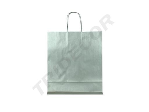 [010597] Borsa in carta di cellulosa con manico ricci argentato, 37x27x12 cm, 25 unità