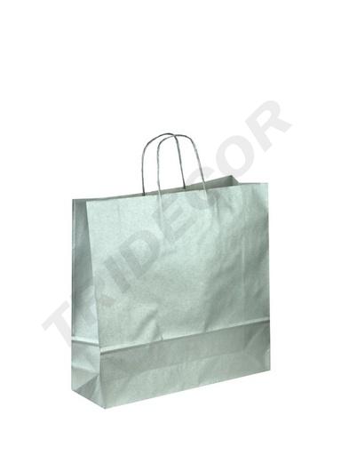 [010597] Sac de hârtie de celuloză cu mâner argintiu ondulat, 37x27x12 cm, 25 de unități