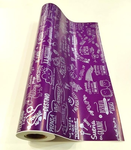 [014176] Rolo de embrulho de presente roxo com frases 62 cm